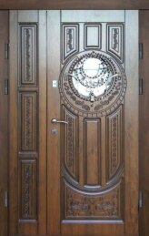 Стальная двухстворчатая дверь с окошком и ковкой филенчатая в дом ДВ-5