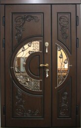 Двустворчатая стальная дверь со стеклом и ковкой элитная в квартиру ДВ-26
